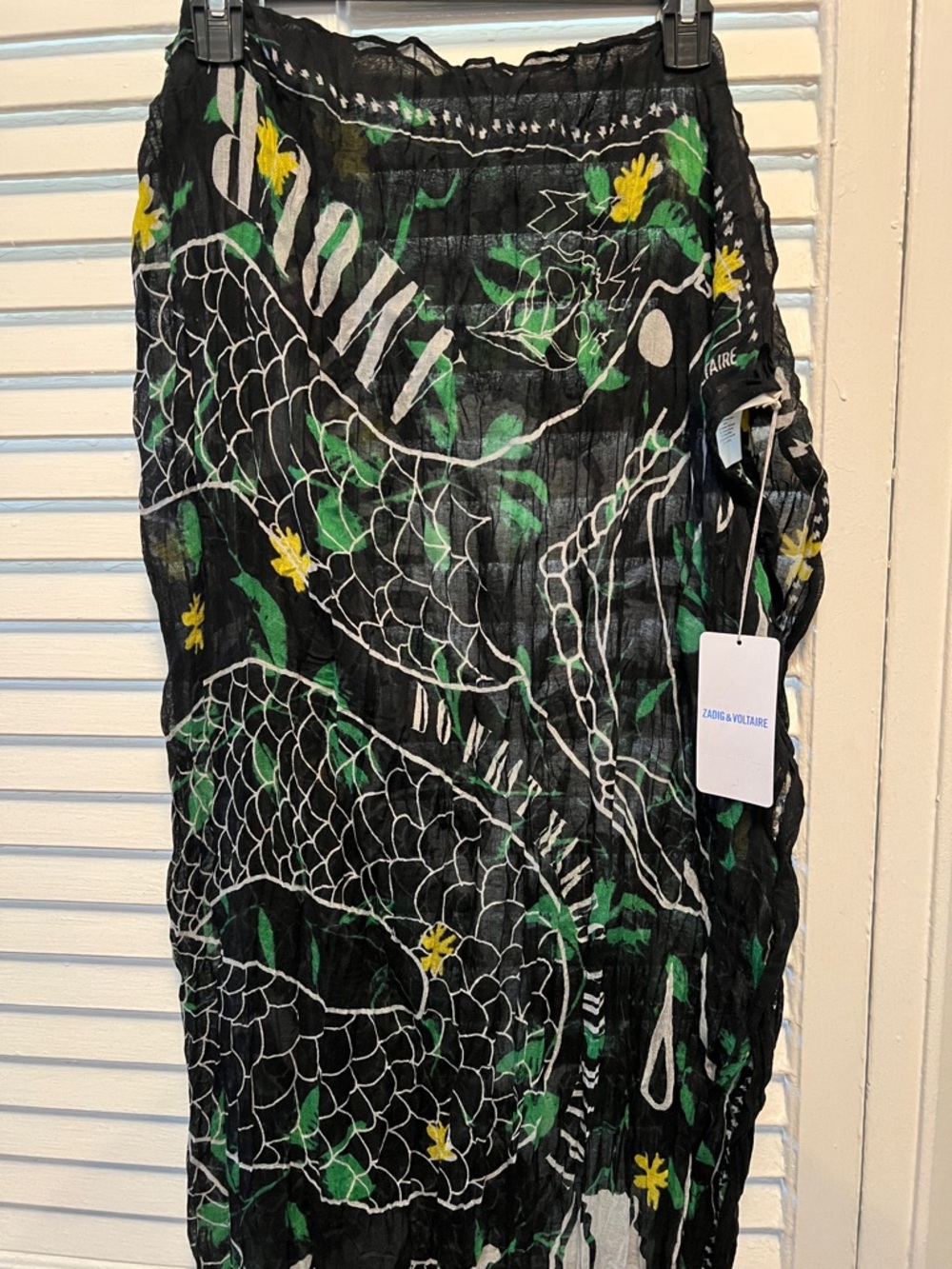 Zadig & Voltaire Women Black Shawl with White and Green Floral Print